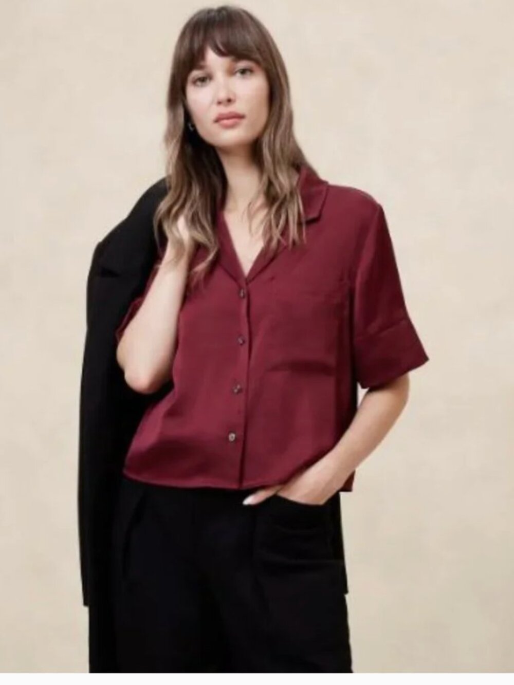Banana Republic Maroon Silky Cropped Short Sleeve Shirt/Blouse